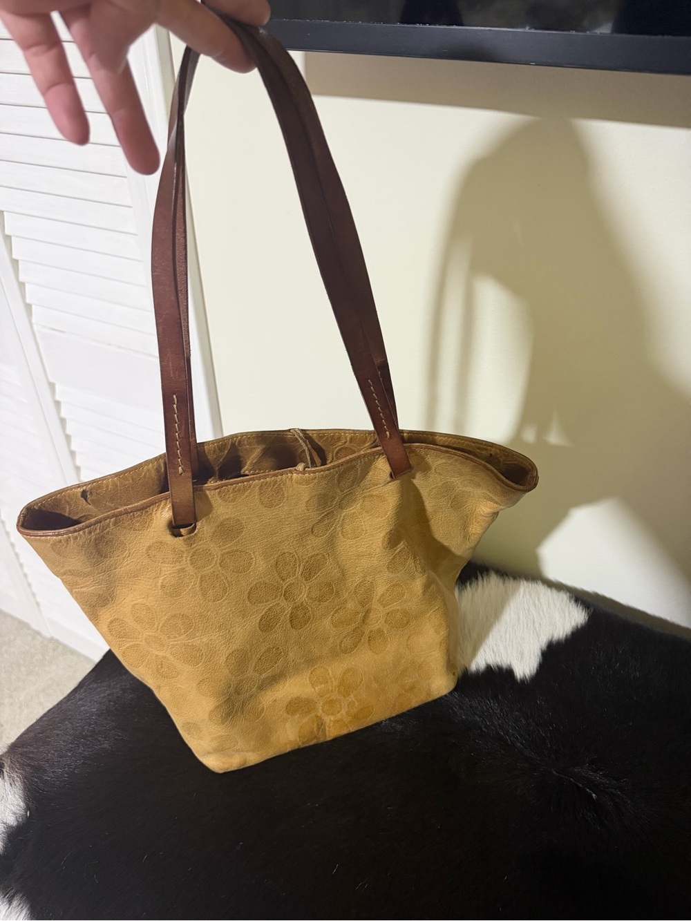 Harold's Mustard Floral-Embossed Tote with Brown Straps